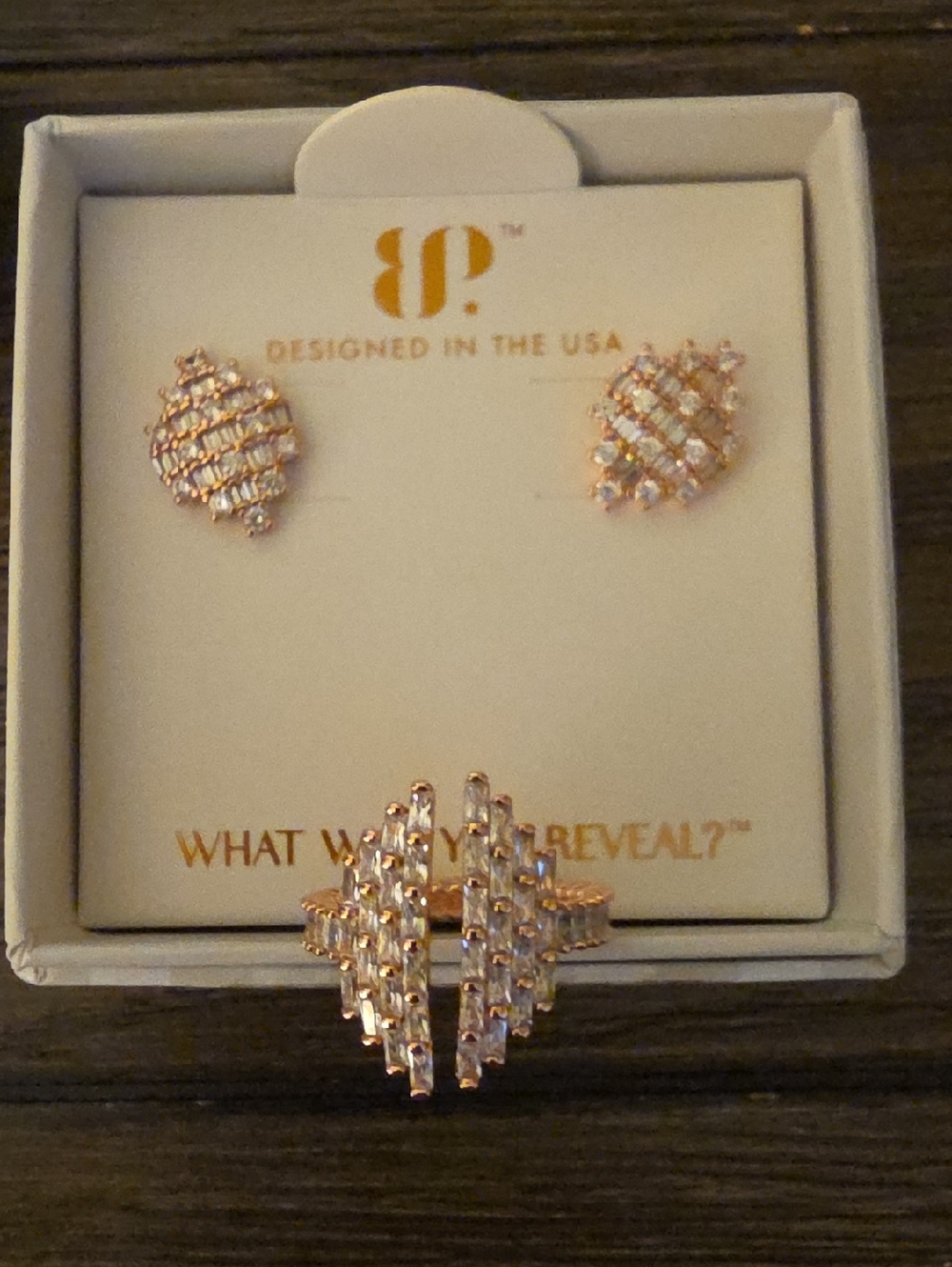 BP Rose Gold Crystal Cluster Stud Earrings and Ring